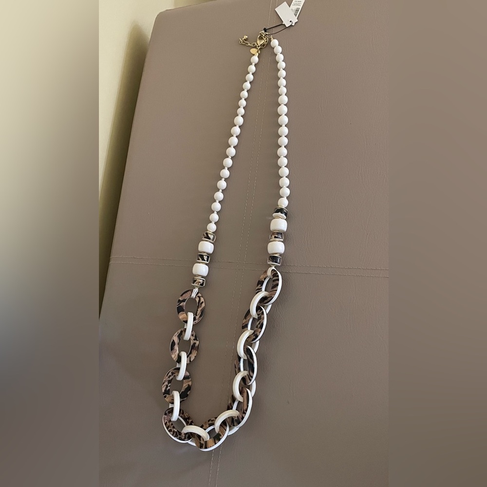 Chico’s white and animal print single strand long necklace